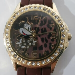Disney Minnie  Mouse Watch Brown Silicone Band Stone/Diamond Bezel